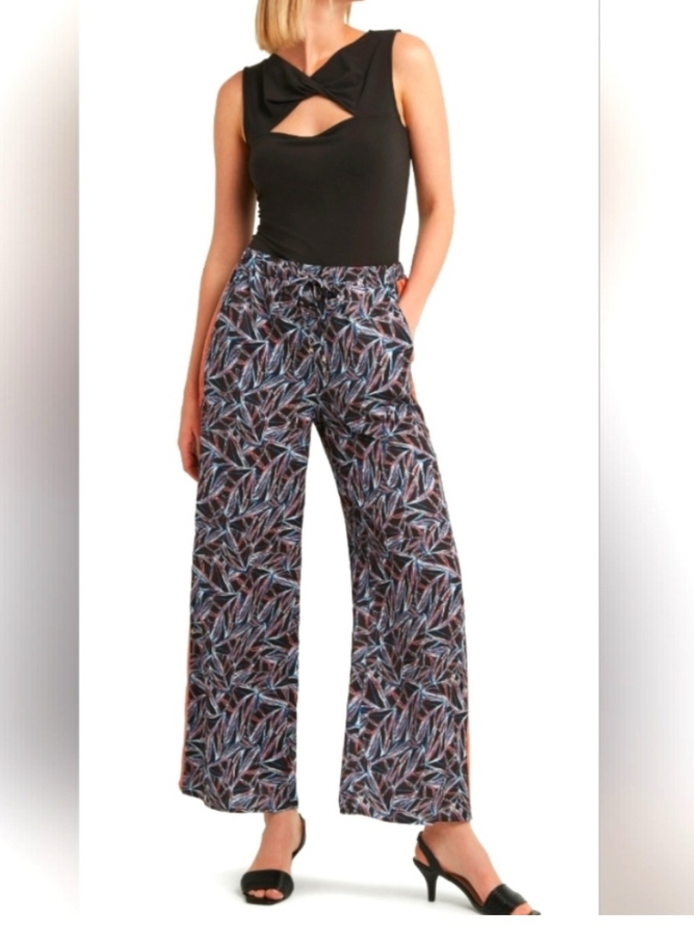 H by Halston Multicolor Leaf-Print Wide-Leg Pants